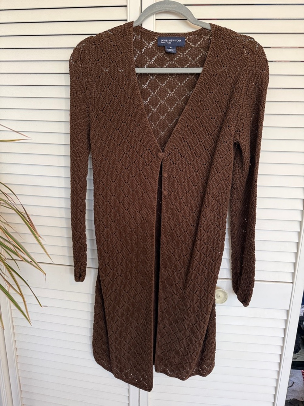 Jones New York Brown Open-Knit Long Cardigan